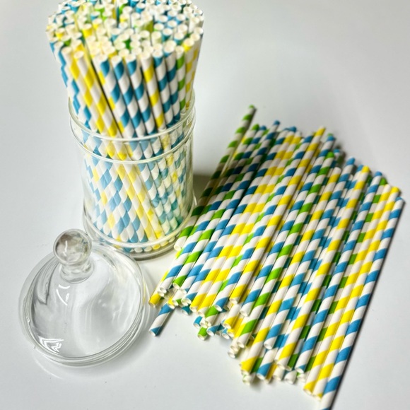 Colorful Striped Paper Straws - Blue, Yellow, Green - Picture 1 of 3